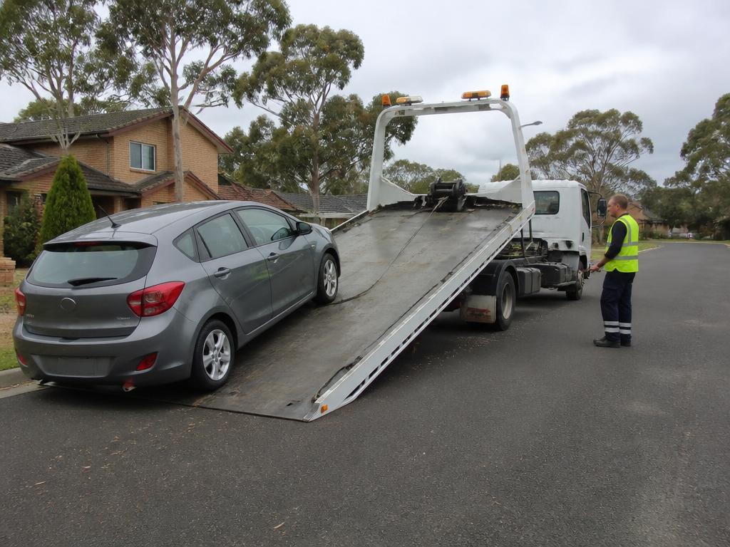 Disabled grey hatchback being loaded onto the tilted tray of a tow truck on a Sydney street