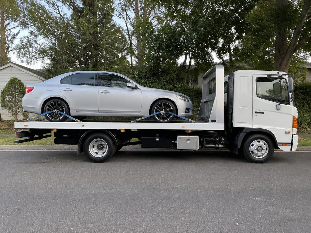 Silver sedan strapped down and secured on a professional vehicle transport truck tray