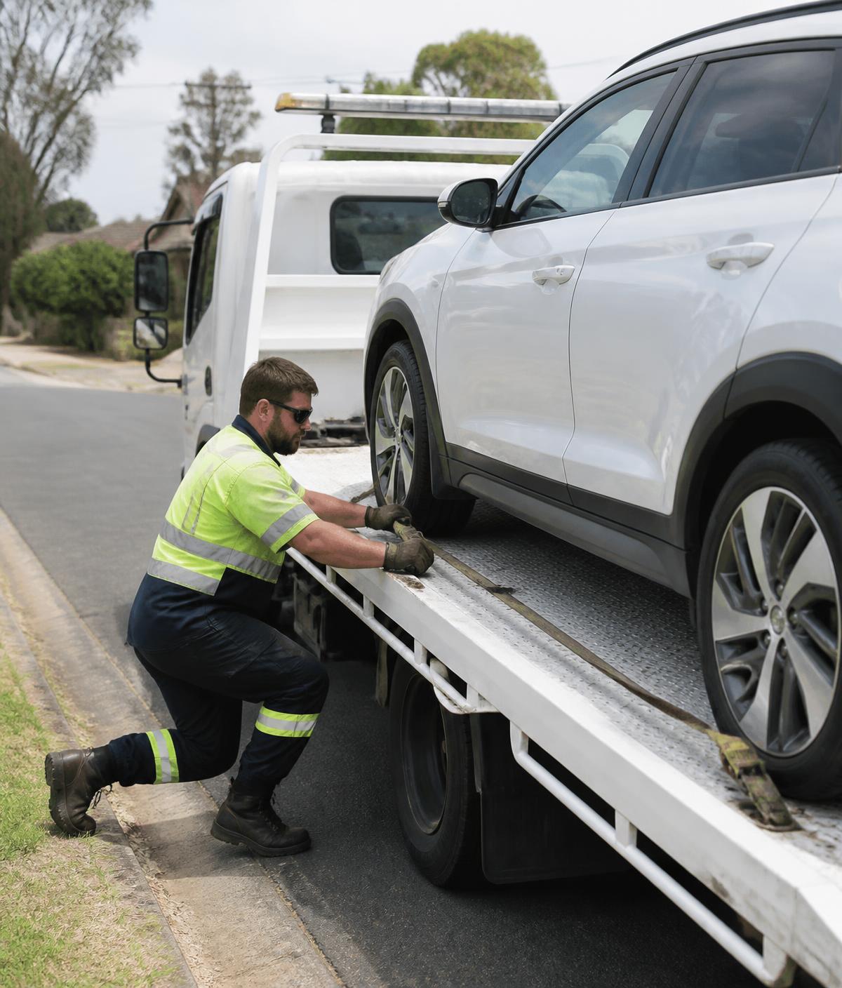 Operator in high-visibility workwear securing a vehicle with straps on a tow truck tilt tray